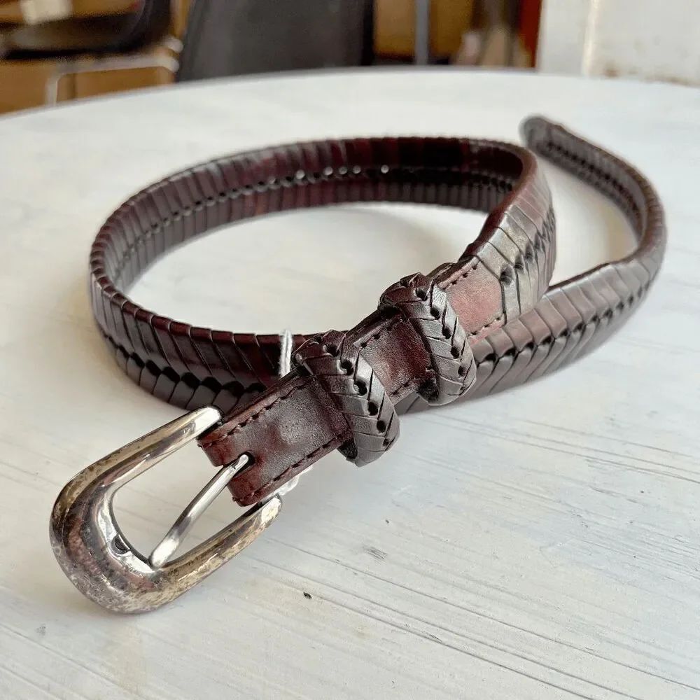 Vintage Brown Leather Braided Woven Belt UNISEX Silver-Plate Buckle, SZ 28